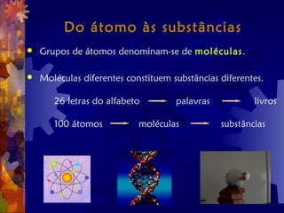 Do átomo às substâncias
 Grupos de átomos denominam-se de moléculas.
 Moléculas diferentes constituem substâncias diferentes.
26 letras do alfabeto palavras livros
100 átomos moléculas substâncias
 