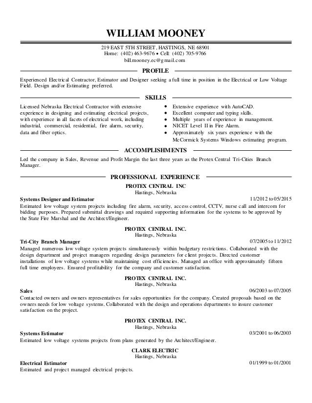 bill mooney resume 2015 rev1 electrical estimator resumes
