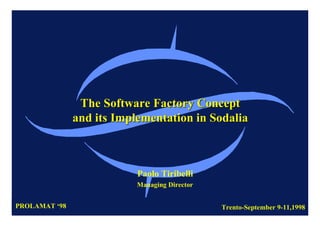 Sodalia Proprietary Information PROLAMAT ‘98 - Trento, September 9-11, 1998 Pt - 1
The SoftwareThe Software Factory ConceptFactory Concept
and its Implementationand its Implementation inin SodaliaSodalia
Paolo Tiribelli
Managing Director
PROLAMAT ‘98 Trento-September 9-11,1998
 