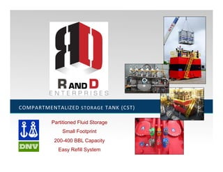 COMPARTMENTALIZED	
  STORAGE	
  TANK	
  (CST)	
  
Partitioned Fluid Storage
Small Footprint
200-400 BBL Capacity
Easy Refill System
 