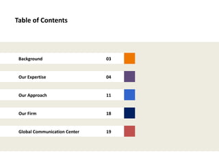 Table of Contents
Background 03
Our Expertise 04
Our Approach 11
Our Firm 18
Global Communication Center 19
 