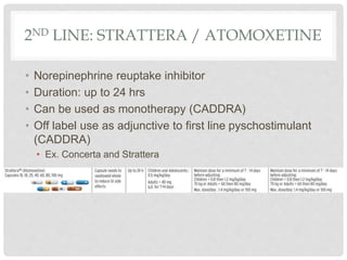 2ND LINE: STRATTERA / ATOMOXETINE
• Norepinephrine reuptake inhibitor
• Duration: up to 24 hrs
• Can be used as monotherapy (CADDRA)
• Off label use as adjunctive to first line pyschostimulant
(CADDRA)
• Ex. Concerta and Strattera
 