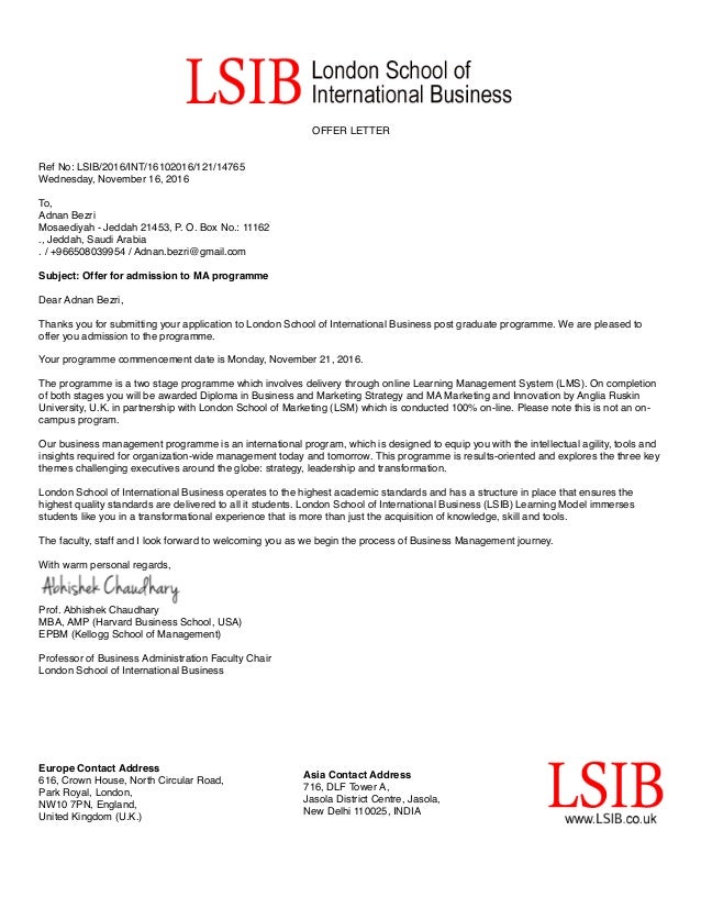 Marketing & Innovation MA Offer Letter & Payment Plan