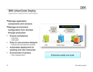 IBM UrbanCode Deploy 
Application deployment automation 
§ Manage application 
components and versions 
§ Manage environment 
configuration from dev/test 
through production 
• Ensure compliance 
– Audit history 
– Quality gates 
• Easy to use process designer 
– Automate and reuse deployment processes 
• Automates deployment to 
existing and new resources 
• Environment Inventory 
IBM UrbanCode Deploy 
– What is deployed where? Enterprise quality and scale 
10 © 2014 IBM Corporation 
 