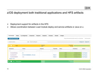 z/OS deployment both traditional applications and HFS artifacts 
Ø Deployment support for artifacts in the HFS 
Ø Allows coordination between Load module deploy and service artifacts or Java on z. 
18 © 2014 IBM Corporation 
 