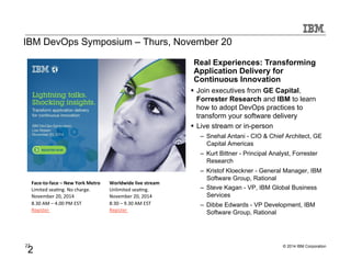 IBM DevOps Symposium – Thurs, November 20 
§ Join executives from GE Capital, 
Forrester Research and IBM to learn 
how to adopt DevOps practices to 
transform your software delivery 
§ Live stream or in-person 
– Snehal Antani - CIO & Chief Architect, GE 
Capital Americas 
– Kurt Bittner - Principal Analyst, Forrester 
Research 
– Kristof Kloeckner - General Manager, IBM 
Software Group, Rational 
– Steve Kagan - VP, IBM Global Business 
Services 
– Dibbe Edwards - VP Development, IBM 
Software Group, Rational 
Face-­‐to-­‐face 
– 
New 
York 
Metro 
Limited 
sea*ng. 
No 
charge. 
November 
20, 
2014 
8.30 
AM 
– 
4.00 
PM 
EST 
Register 
27 © 2014 IBM Corporation 
2 
7 
Worldwide 
live 
stream 
Unlimited 
sea*ng. 
November 
20, 
2014 
8:30 
– 
9.30 
AM 
EST 
Register 
Real Experiences: Transforming 
Application Delivery for 
Continuous Innovation 
 