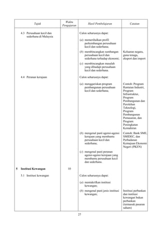 Waktu
              Tajuk                                  Hasil Pembelajaran                 Catatan
                                Pengajaran

    4.3 Perusahaan kecil dan                  Calon seharusnya dapat:
        sederhana di Malaysia
                                              (a) memerihalkan profil
                                                  perkembangan perusahaan
                                                  kecil dan sederhana;
                                              (b) membincangkan sumbangan          Keluaran negara,
                                                  perusahaan kecil dan             guna tenaga,
                                                  sederhana terhadap ekonomi;      eksport dan import
                                              (c) membincangkan masalah
                                                  yang dihadapi perusahaan
                                                  kecil dan sederhana.

    4.4 Peranan kerajaan                      Calon seharusnya dapat:

                                              (a) menggariskan program             Contoh: Program
                                                  pembangunan perusahaan           Rantaian Industri,
                                                  kecil dan sederhana;             Program
                                                                                   Infrastruktur,
                                                                                   Program
                                                                                   Pembangunan dan
                                                                                   Perolehan
                                                                                   Teknologi,
                                                                                   Program
                                                                                   Pembangunan
                                                                                   Pemasaran, dan
                                                                                   Program
                                                                                   Peningkatan
                                                                                   Kemahiran
                                              (b) mengenal pasti agensi-agensi     Contoh: Bank SME,
                                                  kerajaan yang membantu           SMIDEC, dan
                                                  perusahaan kecil dan             Perbadanan
                                                  sederhana;                       Kemajuan Ekonomi
                                                                                   Negeri (PKEN)
                                              (c) mengenal pasti peranan
                                                  agensi-agensi kerajaan yang
                                                  membantu perusahaan kecil
                                                  dan sederhana.

5   Institusi Kewangan             10

    5.1 Institusi kewangan                    Calon seharusnya dapat:

                                              (a) mentakrifkan institusi
                                                  kewangan;
                                              (b) mengenal pasti jenis institusi   Institusi perbankan
                                                  kewangan;                        dan institusi
                                                                                   kewangan bukan
                                                                                   perbankan
                                                                                   (termasuk pasaran
                                                                                   saham)

                                             27
 