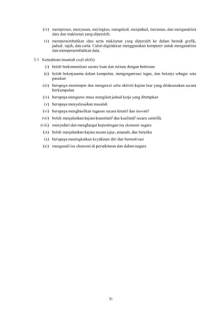 (iv) memproses, menyusun, meringkas, mengekod, menjadual, merumus, dan menganalisis
          data dan maklumat yang diperoleh;
      (v) mempersembahkan data serta maklumat yang diperoleh ke dalam bentuk grafik,
          jadual, rajah, dan carta. Calon digalakkan menggunakan komputer untuk menganalisis
          dan mempersembahkan data.

3.3 Kemahiran insaniah (soft skills)
      (i) boleh berkomunikasi secara lisan dan tulisan dengan berkesan
      (ii) boleh bekerjasama dalam kumpulan, mengorganisasi tugas, dan bekerja sebagai satu
           pasukan
     (iii) berupaya memimpin dan mengawal selia aktiviti kajian luar yang dilaksanakan secara
           berkumpulan
     (iv) berupaya mengurus masa mengikut jadual kerja yang ditetapkan
      (v) berupaya menyelesaikan masalah
     (vi) berupaya menghasilkan tugasan secara kreatif dan inovatif
    (vii) boleh menjalankan kajian kuantitatif dan kualitatif secara saintifik
    (viii) menyedari dan menghargai kepentingan isu ekonomi negara
     (ix) boleh menjalankan kajian secara jujur, amanah, dan beretika
      (x) berupaya meningkatkan keyakinan diri dan bermotivasi
     (xi) mengenali isu ekonomi di persekitaran dan dalam negara




                                             31
 