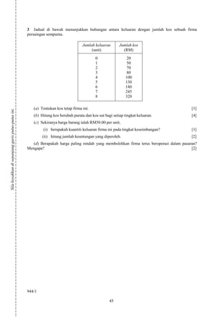 3 Jadual di bawah menunjukkan hubungan antara keluaran dengan jumlah kos sebuah firma
                                                    persaingan sempurna.

                                                                                    Jumlah keluaran       Jumlah kos
                                                                                         (unit)             (RM)

                                                                                           0                   20
                                                                                           1                   50
                                                                                           2                   70
                                                                                           3                   80
                                                                                           4                  100
                                                                                           5                  130
                                                                                           6                  180
                                                                                           7                  245
                                                                                           8                  320

                                                       (a) Tentukan kos tetap firma ini.                                                    [1]
Sila koyakkan di sepanjang garis putus-putus ini.




                                                       (b) Hitung kos berubah purata dan kos sut bagi setiap tingkat keluaran.              [4]
                                                       (c) Sekiranya harga barang ialah RM50.00 per unit,
                                                            (i) berapakah kuantiti keluaran firma ini pada tingkat keseimbangan?            [1]
                                                            (ii) hitung jumlah keuntungan yang diperoleh.                                   [2]
                                                       (d) Berapakah harga paling rendah yang membolehkan firma terus beroperasi dalam pasaran?
                                                    Mengapa?                                                                                [2]




                                                    944/1

                                                                                                    45
 