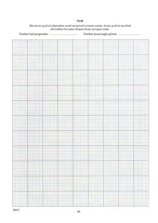Graf
              Jika kertas graf ini digunakan untuk menjawab sesuatu soalan, kertas graf ini mestilah
                                 diserahkan bersama dengan kertas jawapan anda.
    Nombor kad pengenalan: ......................................      Nombor pusat/angka giliran: ..............................


                                                          Bahagian C
                                                          [50 markah]

    Pilih dua daripada tajuk di bawah ini, dan tulis karangan yang panjangnya antara 300 hingga 350
    patah perkataan.

    1 Terdapat pelbagai faktor yang perlu diambil kira oleh kerajaan Malaysia dalam menentukan dasar
    luarnya. Huraikan.

    2 Pelaksanaan Kawasan Perdagangan Bebas ASEAN (AFTA) secara amnya akan memberikan
    kesan positif kepada Malaysia dan negara-negara anggota lain. Perihalkan.

    3 Malaysia yang terletak di rantau Asia dilaporkan mengalami pertambahan suhu sebanyak 0.5°C
    dalam tempoh 1901 hingga 2005. Keadaan ini akan mengancam kehidupan manusia dan persekitaran.
    Jelaskan.




    944/1

944/1
                                                                46
 