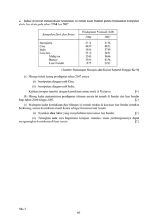 2 Jadual di bawah menunjukkan pendapatan isi rumah kasar bulanan purata berdasarkan kumpulan
etnik dan strata pada tahun 2004 dan 2007.

                                                     Pendapatan Nominal (RM)
                   Kumpulan Etnik dan Strata
                                                       2004           2007

                 Bumiputra                             2711           3156
                 Cina                                  4437           4853
                 India                                 3456           3799
                 Lain-lain                             2312           3651
                         Malaysia                      3249           3686
                         Bandar                        3956           4356
                         Luar Bandar                   1875           2283

                                   (Sumber: Rancangan Malaysia dan Kajian Separuh Penggal Ke-9)

   (a) Hitung nisbah jurang pendapatan tahun 2007 antara
           (i) bumiputera dengan etnik Cina,
          (ii) bumiputera dengan etnik India.
        Kaitkan jawapan tersebut dengan kemiskinan antara etnik di Malaysia.                [4]
    (b) Hitung kadar pertumbuhan pendapatan tahunan purata isi rumah di bandar dan luar bandar
bagi tahun 2004 hingga 2007.                                                               [2]
    (c) Walaupun kadar kemiskinan dan bilangan isi rumah miskin di kawasan luar bandar semakin
berkurang, namun kemiskinan masih ketara sebagai fenomena luar bandar.
           (i) Nyatakan dua faktor yang menyebabkan kemiskinan luar bandar.                 [2]
         (ii) Terangkan satu cara bagaimana kerajaan menerusi dasar pembangunannya dapat
mengurangkan kemiskinan di luar bandar.                                              [2]




944/3
                                                60
 