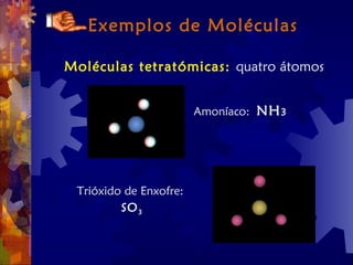 Exemplos de Moléculas
Moléculas tetratómicas: quatro átomos
Amoníaco: NH3
Trióxido de Enxofre:
SO3
 