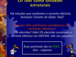 Os Iões como unidades
estruturais
Há soluções que conduzem a corrente eléctrica.
Exemplo: Cloreto de Sódio, NaCl
Porque têm partículas condutoras da
corrente eléctrica!
(São electrões? Não! Os electrões conduzem a
corrente eléctrica nos METAIS, não nas soluções.)
Essas partículas são os IÕES.
(ión - viajante)
 