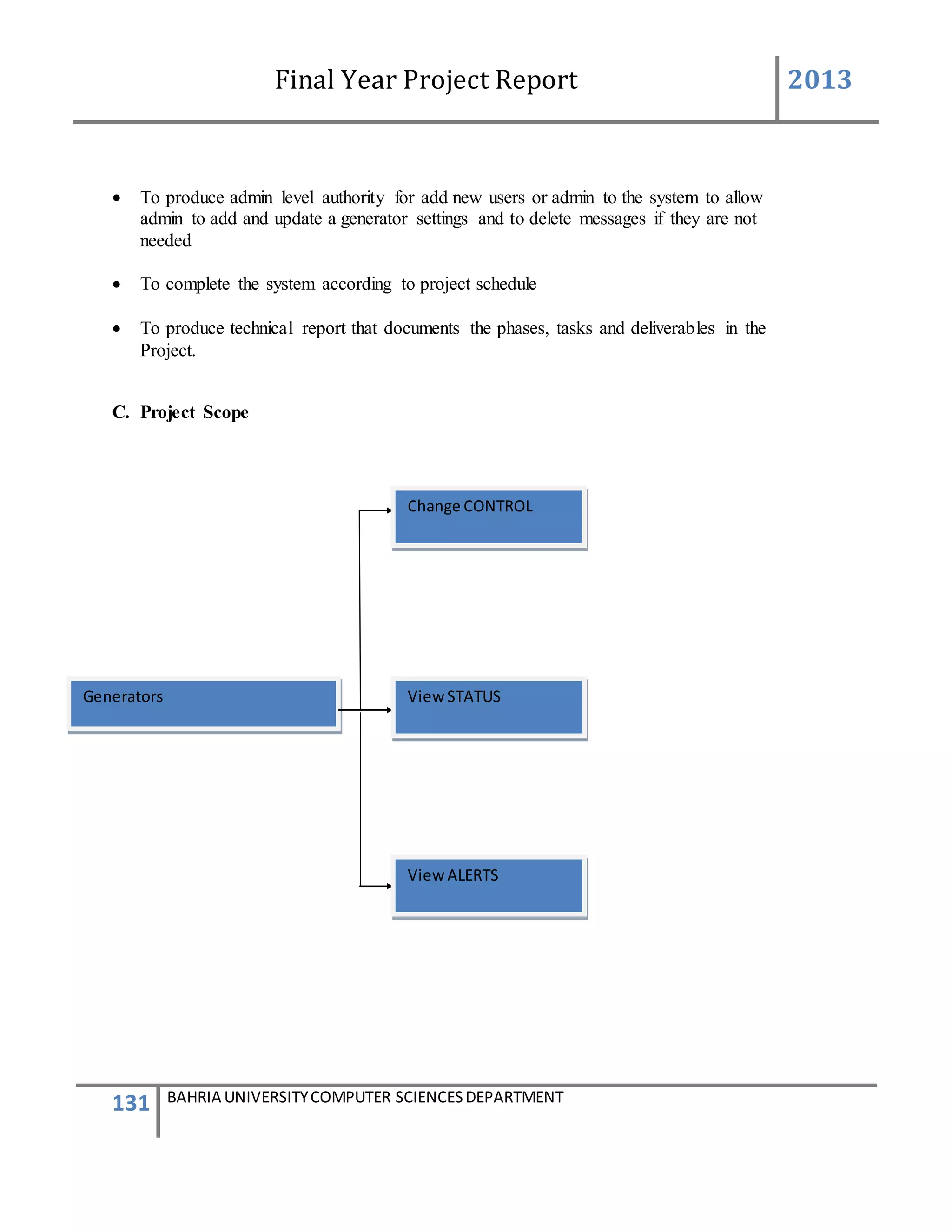 Final Year Project Report 2013
131 BAHRIA UNIVERSITYCOMPUTER SCIENCESDEPARTMENT
 To produce admin level authority for add new users or admin to the system to allow
admin to add and update a generator settings and to delete messages if they are not
needed
 To complete the system according to project schedule
 To produce technical report that documents the phases, tasks and deliverables in the
Project.
C. Project Scope
Generators View STATUS
Change CONTROL
View ALERTS
 