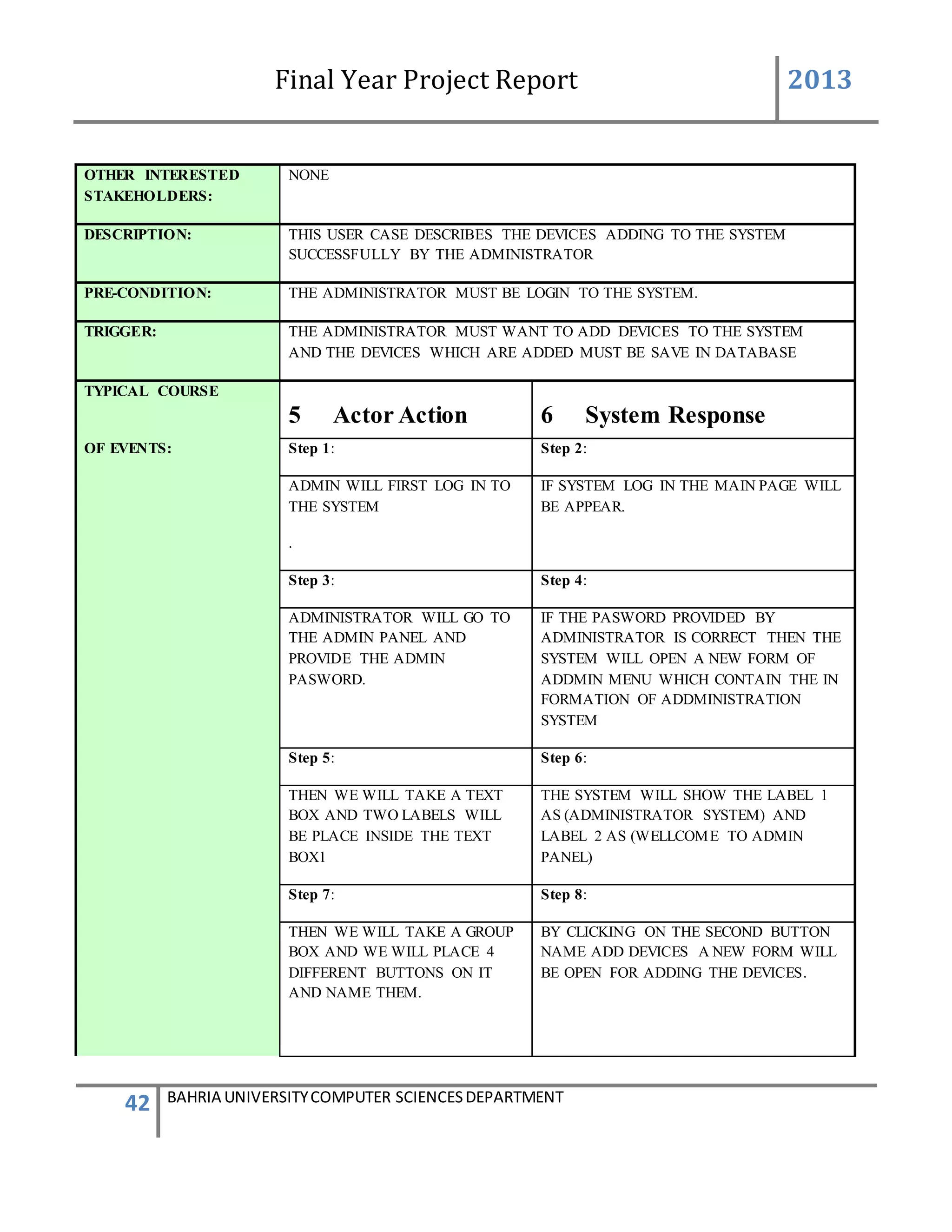 Final Year Project Report 2013
42 BAHRIA UNIVERSITYCOMPUTER SCIENCESDEPARTMENT
OTHER INTERESTED
STAKEHOLDERS:
NONE
DESCRIPTION: THIS USER CASE DESCRIBES THE DEVICES ADDING TO THE SYSTEM
SUCCESSFULLY BY THE ADMINISTRATOR
PRE-CONDITION: THE ADMINISTRATOR MUST BE LOGIN TO THE SYSTEM.
TRIGGER: THE ADMINISTRATOR MUST WANT TO ADD DEVICES TO THE SYSTEM
AND THE DEVICES WHICH ARE ADDED MUST BE SAVE IN DATABASE
TYPICAL COURSE
5 Actor Action 6 System Response
OF EVENTS: Step 1: Step 2:
ADMIN WILL FIRST LOG IN TO
THE SYSTEM
.
IF SYSTEM LOG IN THE MAIN PAGE WILL
BE APPEAR.
Step 3: Step 4:
ADMINISTRATOR WILL GO TO
THE ADMIN PANEL AND
PROVIDE THE ADMIN
PASWORD.
IF THE PASWORD PROVIDED BY
ADMINISTRATOR IS CORRECT THEN THE
SYSTEM WILL OPEN A NEW FORM OF
ADDMIN MENU WHICH CONTAIN THE IN
FORMATION OF ADDMINISTRATION
SYSTEM
Step 5: Step 6:
THEN WE WILL TAKE A TEXT
BOX AND TWO LABELS WILL
BE PLACE INSIDE THE TEXT
BOX1
THE SYSTEM WILL SHOW THE LABEL 1
AS (ADMINISTRATOR SYSTEM) AND
LABEL 2 AS (WELLCOME TO ADMIN
PANEL)
Step 7: Step 8:
THEN WE WILL TAKE A GROUP
BOX AND WE WILL PLACE 4
DIFFERENT BUTTONS ON IT
AND NAME THEM.
BY CLICKING ON THE SECOND BUTTON
NAME ADD DEVICES A NEW FORM WILL
BE OPEN FOR ADDING THE DEVICES.
 
