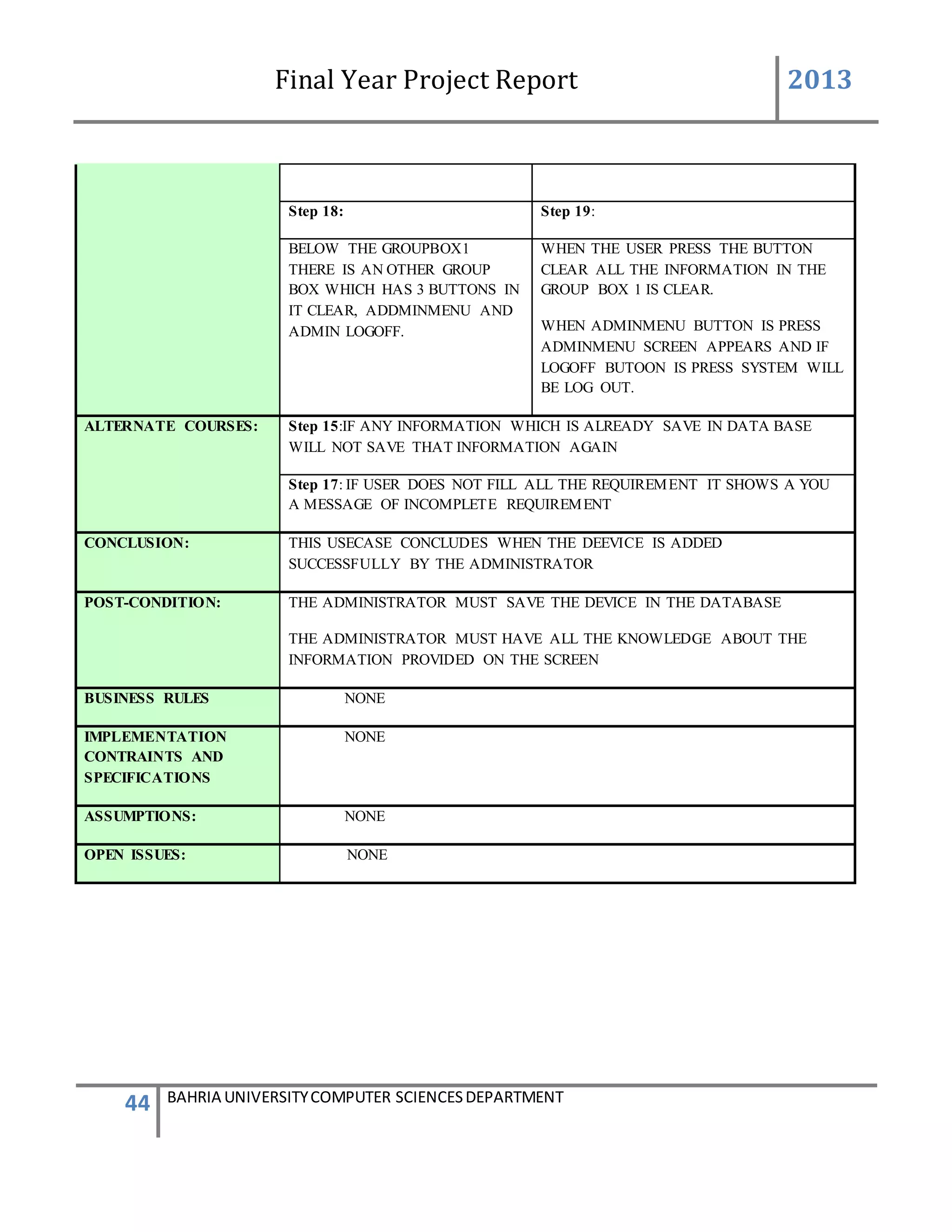 Final Year Project Report 2013
44 BAHRIA UNIVERSITYCOMPUTER SCIENCESDEPARTMENT
Step 18: Step 19:
BELOW THE GROUPBOX1
THERE IS AN OTHER GROUP
BOX WHICH HAS 3 BUTTONS IN
IT CLEAR, ADDMINMENU AND
ADMIN LOGOFF.
WHEN THE USER PRESS THE BUTTON
CLEAR ALL THE INFORMATION IN THE
GROUP BOX 1 IS CLEAR.
WHEN ADMINMENU BUTTON IS PRESS
ADMINMENU SCREEN APPEARS AND IF
LOGOFF BUTOON IS PRESS SYSTEM WILL
BE LOG OUT.
ALTERNATE COURSES: Step 15:IF ANY INFORMATION WHICH IS ALREADY SAVE IN DATA BASE
WILL NOT SAVE THAT INFORMATION AGAIN
Step 17: IF USER DOES NOT FILL ALL THE REQUIREMENT IT SHOWS A YOU
A MESSAGE OF INCOMPLETE REQUIREMENT
CONCLUSION: THIS USECASE CONCLUDES WHEN THE DEEVICE IS ADDED
SUCCESSFULLY BY THE ADMINISTRATOR
POST-CONDITION: THE ADMINISTRATOR MUST SAVE THE DEVICE IN THE DATABASE
THE ADMINISTRATOR MUST HAVE ALL THE KNOWLEDGE ABOUT THE
INFORMATION PROVIDED ON THE SCREEN
BUSINESS RULES NONE
IMPLEMENTATION
CONTRAINTS AND
SPECIFICATIONS
NONE
ASSUMPTIONS: NONE
OPEN ISSUES: NONE
 