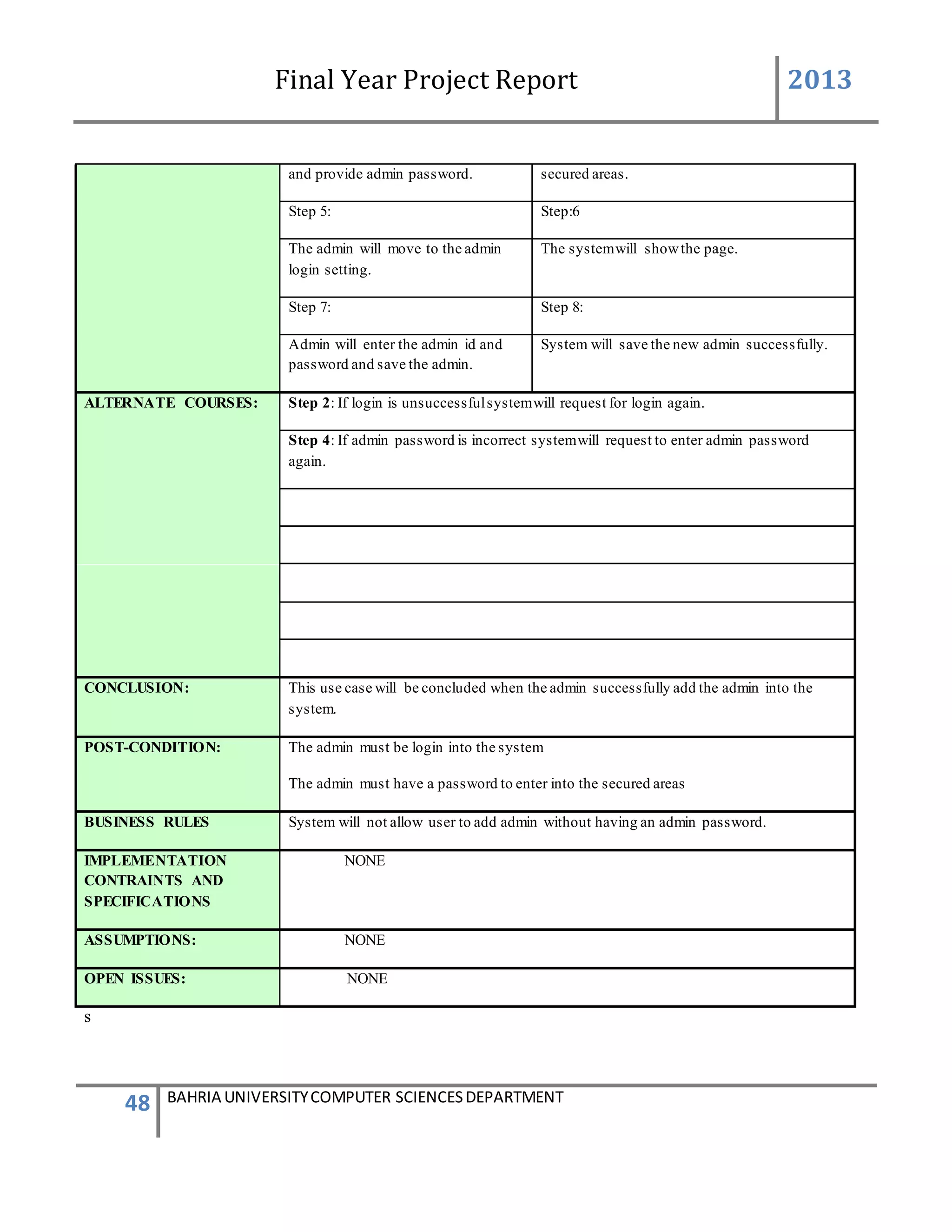 Final Year Project Report 2013
48 BAHRIA UNIVERSITYCOMPUTER SCIENCESDEPARTMENT
and provide admin password. secured areas.
Step 5: Step:6
The admin will move to the admin
login setting.
The systemwill showthe page.
Step 7: Step 8:
Admin will enter the admin id and
password and save the admin.
System will save the new admin successfully.
ALTERNATE COURSES: Step 2: If login is unsuccessfulsystemwill request for login again.
Step 4: If admin password is incorrect systemwill request to enter admin password
again.
CONCLUSION: This use case will be concluded when the admin successfully add the admin into the
system.
POST-CONDITION: The admin must be login into the system
The admin must have a password to enter into the secured areas
BUSINESS RULES System will not allow user to add admin without having an admin password.
IMPLEMENTATION
CONTRAINTS AND
SPECIFICATIONS
NONE
ASSUMPTIONS: NONE
OPEN ISSUES: NONE
s
 
