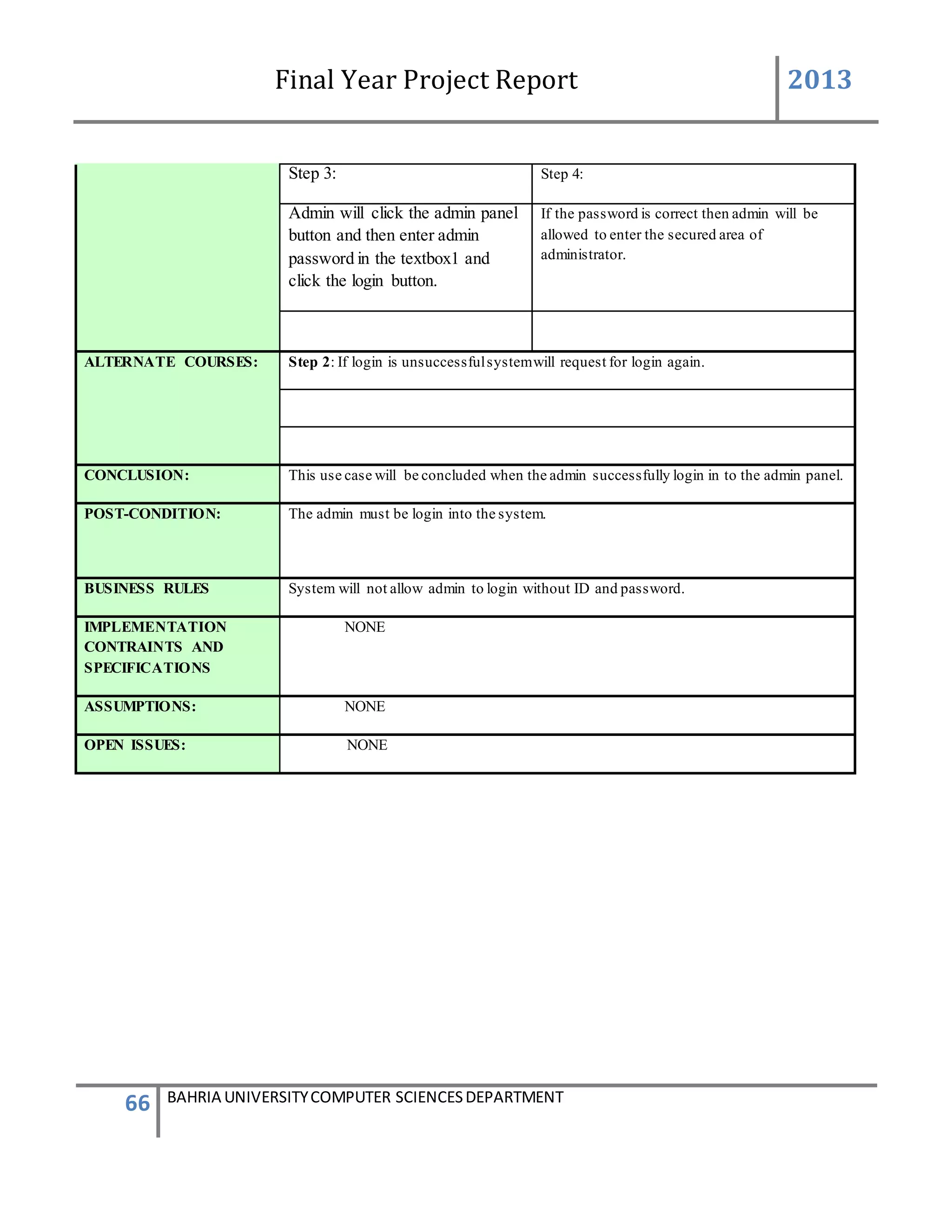 Final Year Project Report 2013
66 BAHRIA UNIVERSITYCOMPUTER SCIENCESDEPARTMENT
Step 3: Step 4:
Admin will click the admin panel
button and then enter admin
password in the textbox1 and
click the login button.
If the password is correct then admin will be
allowed to enter the secured area of
administrator.
ALTERNATE COURSES: Step 2: If login is unsuccessfulsystemwill request for login again.
CONCLUSION: This use case will be concluded when the admin successfully login in to the admin panel.
POST-CONDITION: The admin must be login into the system.
BUSINESS RULES System will not allow admin to login without ID and password.
IMPLEMENTATION
CONTRAINTS AND
SPECIFICATIONS
NONE
ASSUMPTIONS: NONE
OPEN ISSUES: NONE
 