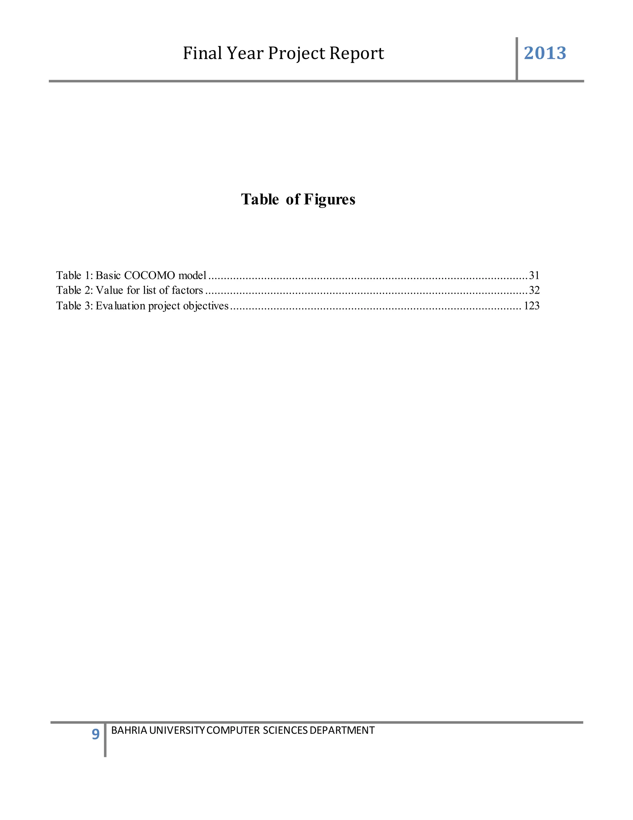 Final Year Project Report 2013
9 BAHRIA UNIVERSITYCOMPUTER SCIENCESDEPARTMENT
Table of Figures
Table 1: Basic COCOMO model.......................................................................................................31
Table 2: Value for list of factors ........................................................................................................32
Table 3: Evaluation project objectives.............................................................................................. 123
 