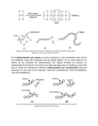 (1)Inicio, (2) Adición rápida de monómeros, (3) Molécula resultante de polímero de cadena
                                larga con n meros al terminar la reacción.


En la polimerización por etapas, se hace reaccionar a dos monómeros para formar
una molécula nueva del compuesto que se desea obtener. En la mayor parte (o en
todos) de los procesos de polimerización por etapas también se produce un
subproducto de la reacción. Es común que éste sea agua que se condensa; es por ello
que se utiliza con frecuencia el término polimerización por condensación para los
procesos en que ésta ocurre. Ejemplo: nylon-6,6; policarbonato, fenol formaldehído,
urea de formaldehído.




     (1) n-mero que captura un monómero individual para formar (n+1)-mero, (2) n1-mero que se
                               combina para formar un (n1+n2)-mero.
 