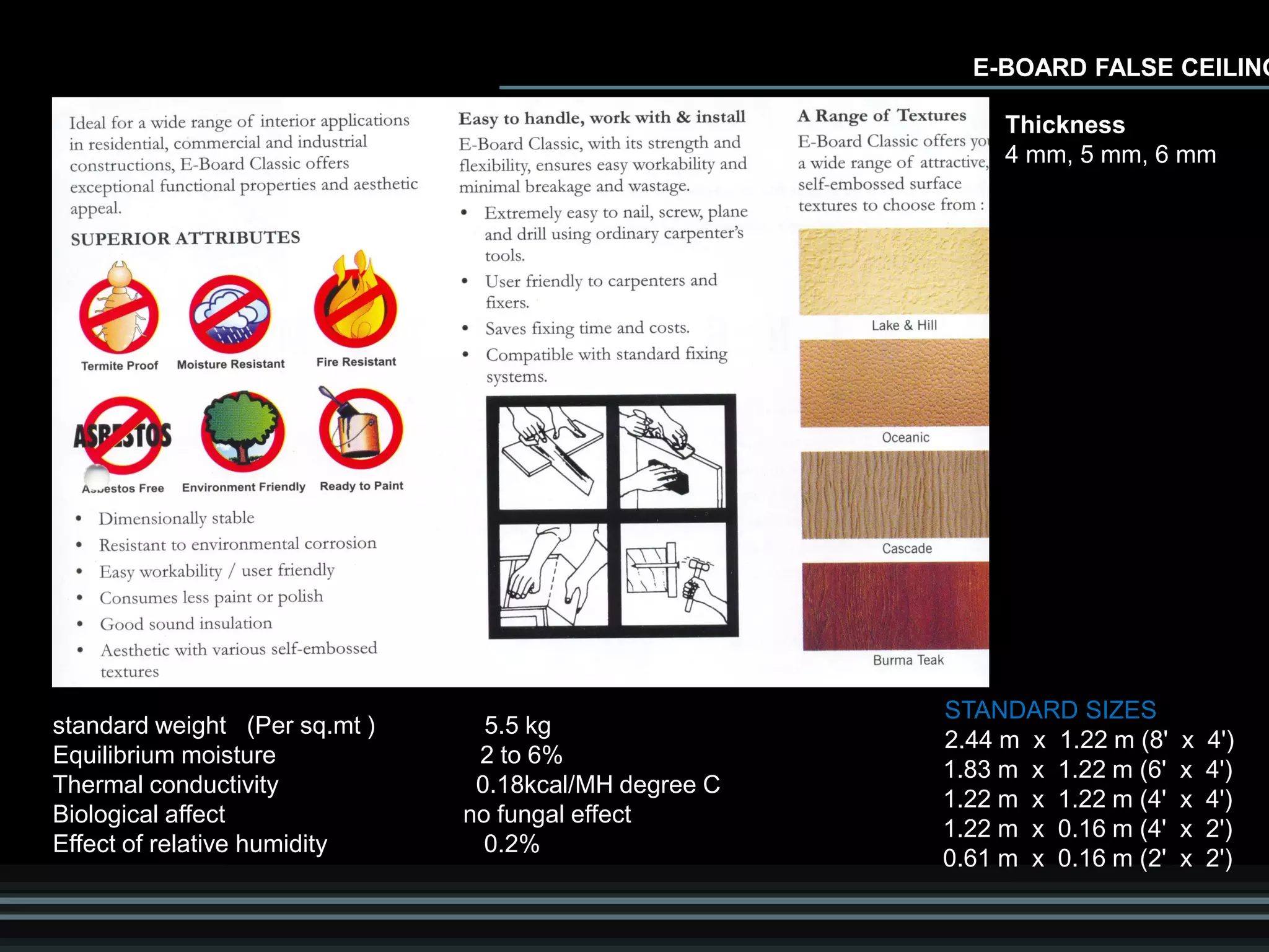 E-BOARD FALSE CEILING
standard weight (Per sq.mt ) 5.5 kg
Equilibrium moisture 2 to 6%
Thermal conductivity 0.18kcal/MH degree C
Biological affect no fungal effect
Effect of relative humidity 0.2%
STANDARD SIZES
2.44 m x 1.22 m (8' x 4')
1.83 m x 1.22 m (6' x 4')
1.22 m x 1.22 m (4' x 4')
1.22 m x 0.16 m (4' x 2')
0.61 m x 0.16 m (2' x 2')
Thickness
4 mm, 5 mm, 6 mm
 