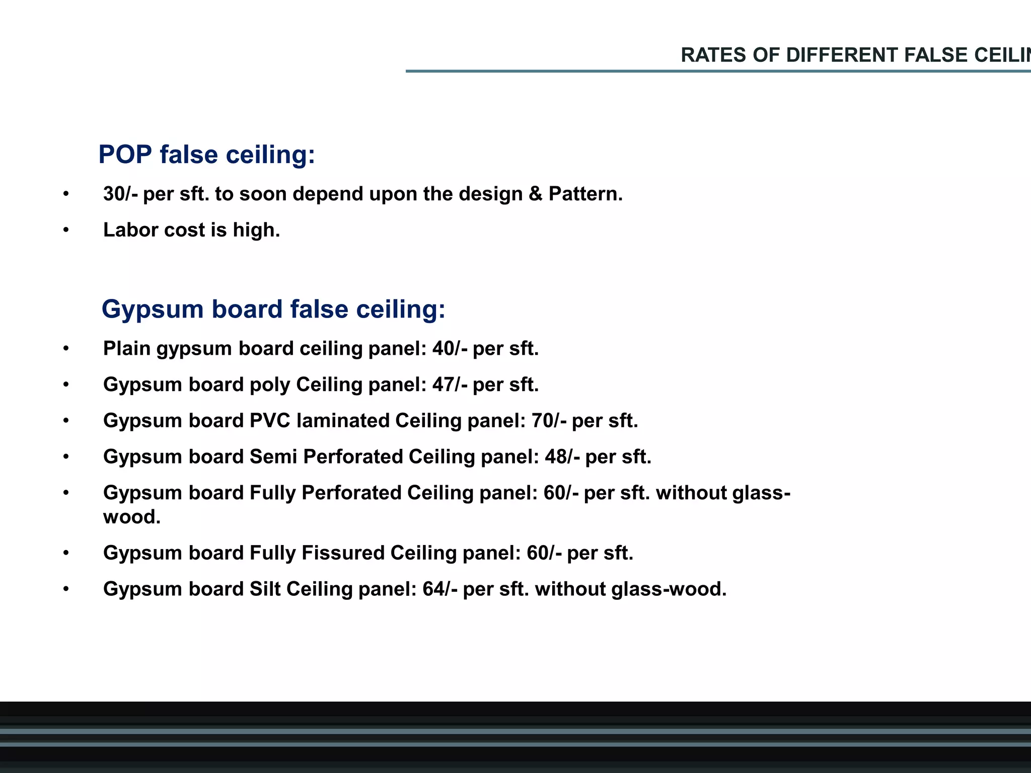POP false ceiling:
• 30/- per sft. to soon depend upon the design & Pattern.
• Labor cost is high.
Gypsum board false ceiling:
• Plain gypsum board ceiling panel: 40/- per sft.
• Gypsum board poly Ceiling panel: 47/- per sft.
• Gypsum board PVC laminated Ceiling panel: 70/- per sft.
• Gypsum board Semi Perforated Ceiling panel: 48/- per sft.
• Gypsum board Fully Perforated Ceiling panel: 60/- per sft. without glass-
wood.
• Gypsum board Fully Fissured Ceiling panel: 60/- per sft.
• Gypsum board Silt Ceiling panel: 64/- per sft. without glass-wood.
RATES OF DIFFERENT FALSE CEILIN
 