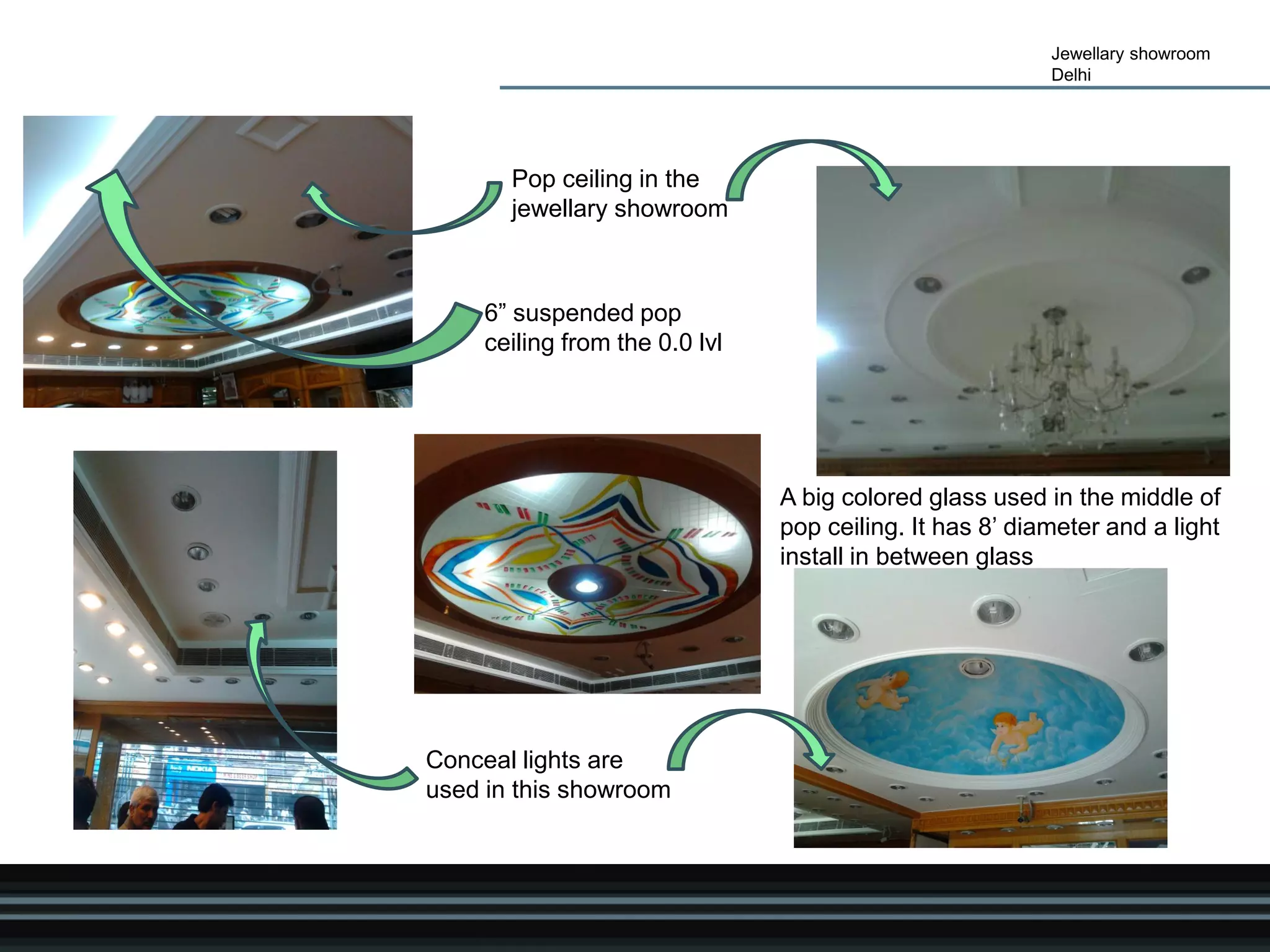 Jewellary showroom
Delhi
Pop ceiling in the
jewellary showroom
6” suspended pop
ceiling from the 0.0 lvl
Conceal lights are
used in this showroom
A big colored glass used in the middle of
pop ceiling. It has 8’ diameter and a light
install in between glass
 