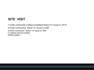 1.Under construction (ceiling completed) Sector 15 ,house no :2715
2.Under construction Sector 13 ,house no :294
SITE VISIT
3.Under construction Sector 13 ,house no :294
4. Liberary (dcrust,murthal)
5.Metro station
 