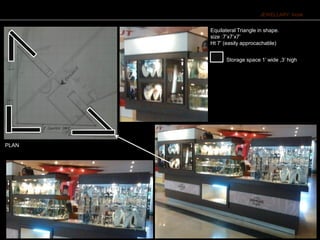 JEWELLARY kiosk
Equilateral Triangle in shape.
size :7’x7’x7’
Ht 7’ (easily approcachable)
PLAN
Storage space 1’ wide ,3’ high
 