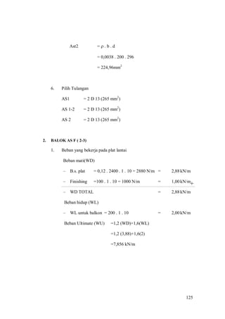 125
+
Ast2 =  . b . d
= 0,0038 . 200 . 296
= 224,96mm2
6. Pilih Tulangan
AS1 = 2 D 13 (265 mm2
)
AS 1-2 = 2 D 13 (265 mm2
)
AS 2 = 2 D 13 (265 mm2
)
2. BALOK AS F ( 2-3)
1. Beban yang bekerja pada plat lantai
Beban mati(WD)
– B.s. plat = 0,12 . 2400 . 1 . 10 = 2880 N/m = 2,88kN/m
– Finishing =100 . 1 . 10 = 1000 N/m = 1,00kN/m
– WD TOTAL = 2,88kN/m
Beban hidup (WL)
– WL untuk balkon = 200 . 1 . 10 = 2,00kN/m
Beban Ultimate (WU) =1,2 (WD)+1,6(WL)
=1,2 (3,88)+1,6(2)
=7,856 kN/m
 