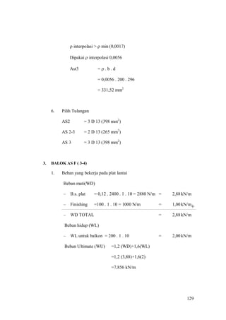 129
+
 interpolasi >  min (0,0017)
Dipakai  interpolasi 0,0056
Ast3 =  . b . d
= 0,0056 . 200 . 296
= 331,52 mm2
6. Pilih Tulangan
AS2 = 3 D 13 (398 mm2
)
AS 2-3 = 2 D 13 (265 mm2
)
AS 3 = 3 D 13 (398 mm2
)
3. BALOK AS F ( 3-4)
1. Beban yang bekerja pada plat lantai
Beban mati(WD)
– B.s. plat = 0,12 . 2400 . 1 . 10 = 2880 N/m = 2,88kN/m
– Finishing =100 . 1 . 10 = 1000 N/m = 1,00kN/m
– WD TOTAL = 2,88kN/m
Beban hidup (WL)
– WL untuk balkon = 200 . 1 . 10 = 2,00kN/m
Beban Ultimate (WU) =1,2 (WD)+1,6(WL)
=1,2 (3,88)+1,6(2)
=7,856 kN/m
 