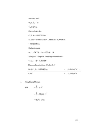 135
+
>bs balok anak
=0,2 . 0,3 . 24
=1,44 kN/m
>bs tembok t=4m
=2,5 . 4 = 10,000 kN/m
>q total = 17,083 kN/m + 1,44 kN/m+10,00 kN/m
= 34,720 kN/m
>beban terpusat
=q . l = 34,720 . 5 m = 173,601 kN
>dibagi di 2 tumpuan, tiap tumpuan menerima:
=173,61 : 2 = 86,805 kN
Diasumsikan diratakan di balok 4-4’
86,805 : 3 = 28,933 kN/m = 28,933kN/m
q 4-4’ = 55,080kN/m
3. Menghitung Momen
Mt4 =
11
1
. q . l2
=
11
1
. 55,080 . 32
= 45,065 kNm
 