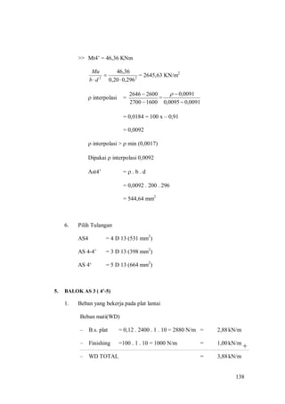 138
+
>> Mt4’ = 46,36 KNm
22
296,020,0
46,36


db
Mu
= 2645,63 KN/m2
 interpolasi =
16002700
26002646


=
0091,00095,0
0091,0


= 0,0184 = 100 x – 0,91
= 0,0092
 interpolasi >  min (0,0017)
Dipakai  interpolasi 0,0092
Ast4’ =  . b . d
= 0,0092 . 200 . 296
= 544,64 mm2
6. Pilih Tulangan
AS4 = 4 D 13 (531 mm2
)
AS 4-4’ = 3 D 13 (398 mm2
)
AS 4‘ = 5 D 13 (664 mm2
)
5. BALOK AS 3 ( 4’-5)
1. Beban yang bekerja pada plat lantai
Beban mati(WD)
– B.s. plat = 0,12 . 2400 . 1 . 10 = 2880 N/m = 2,88kN/m
– Finishing =100 . 1 . 10 = 1000 N/m = 1,00kN/m
– WD TOTAL = 3,88kN/m
 