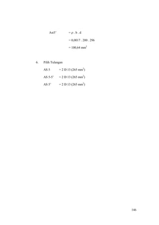 146
Ast5’ =  . b . d
= 0,0017 . 200 . 296
= 100,64 mm2
6. Pilih Tulangan
AS 5 = 2 D 13 (265 mm2
)
AS 5-5’ = 2 D 13 (265 mm2
)
AS 5’ = 2 D 13 (265 mm2
)
 