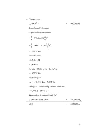 99
+
– Tembok t=4m
2,5 kN/m2
. 4 = 10,000kN/m
– Pembebanan P (diratakan)
> q ekuivalen plat trapesium
=
6
1
. WU . lx . (3-(
ly
lx
)2
)
=
6
1
. 7,856 . 2,5 . (3-(
4
5,2
)2
)
= 17,083 kN/m
>bs balok anak
=0,2 . 0,3 . 24
=1,44 kN/m
>q total = 17,083 kN/m + 1,44 kN/m
= 18,523 kN/m
>beban terpusat
=q . l = 18,523 . 4 m = 74,092 Kn
>dibagi di 2 tumpuan, tiap tumpuan menerima:
=74,092 : 2 = 37,046 kN
Diasumsikan diratakan di balok B-C
37,046 : 5 = 7,409 kN/m = 7,409kN/m
qBC = 26,355kN/m
 
