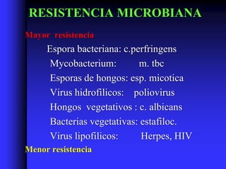 RESISTENCIA MICROBIANA
Mayor resistencia
     Espora bacteriana: c.perfringens
      Mycobacterium:        m. tbc
      Esporas de hongos: esp. micotica
      Virus hidrofilicos: poliovirus
      Hongos vegetativos : c. albicans
      Bacterias vegetativas: estafiloc.
      Virus lipofilicos:     Herpes, HIV
Menor resistencia
 