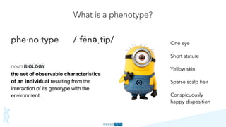 phe·no·type /ˈfēnəˌtīp/
4
noun BIOLOGY
the set of observable characteristics
of an individual resulting from the
interaction of its genotype with the
environment.
What is a phenotype?
One eye
Short stature
Yellow skin
Sparse scalp hair
Conspicuously
happy disposition
 