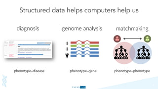 Structured data helps computers help us
6
diagnosis
phenotype–disease
genome analysis
phenotype–gene
matchmaking
phenotype–phenotype
 