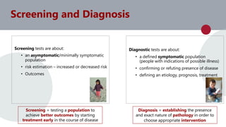 Screening and Diagnosis
Screening tests are about:
• an asymptomatic/minimally symptomatic
population
• risk estimation – increased or decreased risk
• Outcomes
Screening = testing a population to
achieve better outcomes by starting
treatment early in the course of disease
Diagnostic tests are about:
• a defined symptomatic population
(people with indications of possible illness)
• confirming or refuting presence of disease
• defining an etiology, prognosis, treatment
Diagnosis = establishing the presence
and exact nature of pathology in order to
choose appropriate intervention
 