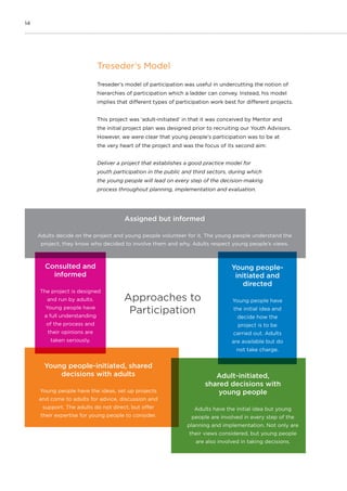 14
Treseder’s Model
Treseder’s model of participation was useful in undercutting the notion of
hierarchies of participation which a ladder can convey. Instead, his model
implies that different types of participation work best for different projects.
This project was ‘adult-initiated’ in that it was conceived by Mentor and
the initial project plan was designed prior to recruiting our Youth Advisors.
However, we were clear that young people’s participation was to be at
the very heart of the project and was the focus of its second aim:
Deliver a project that establishes a good practice model for
youth participation in the public and third sectors, during which
the young people will lead on every step of the decision-making
process throughout planning, implementation and evaluation.
Assigned but informed
Adults decide on the project and young people volunteer for it. The young people understand the
project, they know who decided to involve them and why. Adults respect young people’s views.
Adult-initiated,
shared decisions with
young people
Adults have the initial idea but young
people are involved in every step of the
planning and implementation. Not only are
their views considered, but young people
are also involved in taking decisions.
Consulted and
informed
The project is designed
and run by adults.
Young people have
a full understanding
of the process and
their opinions are
taken seriously.
Young people-initiated, shared
decisions with adults
Young people have the ideas, set up projects
and come to adults for advice, discussion and
support. The adults do not direct, but offer
their expertise for young people to consider.
Young people-
initiated and
directed
Young people have
the initial idea and
decide how the
project is to be
carried out. Adults
are available but do
not take charge.
Approaches to
Participation
 