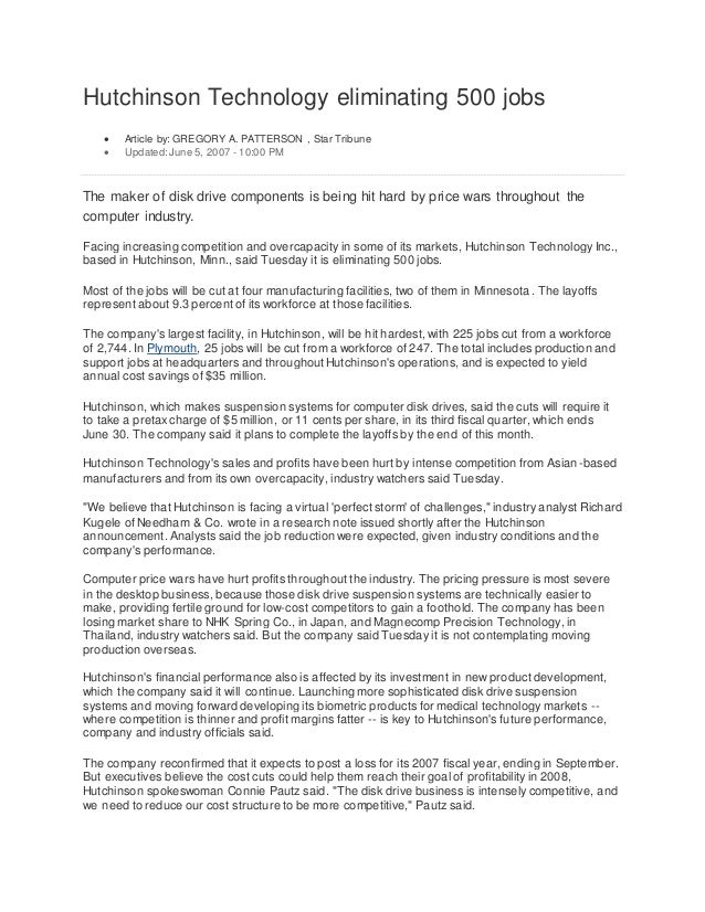 Hutchinson Technology eliminating 500 jobs