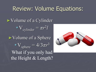 Review: Volume Equations:
►Volume of a Cylinder
Vcylinder = πr2l
►Volume of a Sphere
Vsphere = 4/3πr3
What if you only had
the Height & Length?
 