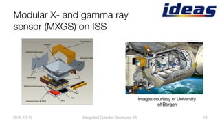 2016-10-19
 10
Modular X- and gamma ray
sensor (MXGS) on ISS
Images courtesy of University
of Bergen
Integrated Detector Electronics AS
 