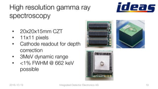 High resolution gamma ray"
spectroscopy
2016-10-19
 Integrated Detector Electronics AS
 19
•  20x20x15mm CZT
•  11x11 pixels
•  Cathode readout for depth
correction
•  3MeV dynamic range
•  <1% FWHM @ 662 keV
possible
 