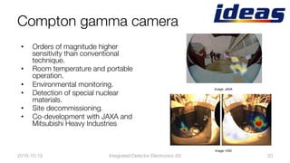 Compton gamma camera
•  Orders of magnitude higher
sensitivity than conventional
technique.
•  Room temperature and portable
operation.
•  Environmental monitoring.
•  Detection of special nuclear
materials.
•  Site decommissioning.
•  Co-development with JAXA and
Mitsubishi Heavy Industries. 
2016-10-19
 20
Image: JAXA
Image: H3D
Integrated Detector Electronics AS
 