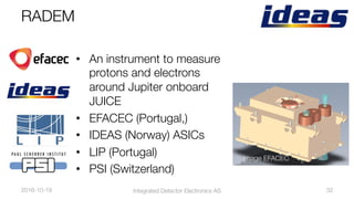 RADEM"

•  An instrument to measure
protons and electrons
around Jupiter onboard
JUICE
•  EFACEC (Portugal,) 
•  IDEAS (Norway) ASICs
•  LIP (Portugal)
•  PSI (Switzerland)
Image EFACEC
Integrated Detector Electronics AS
 32
2016-10-19
 