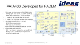 VATA466 Developed for RADEM
•  36 charge sensitive pre-ampliﬁer (CSA) inputs"
32 high-gain (HG) inputs, ≤ +2.6pC (positive)"
4 low-gain (LG) inputs, ≤ +26pC (positive)
•  1 Trigger-bit per channel read out via SPI
•  2 Trigger ORs (high-gain and low-gain channels)
•  36 digital counters read out via SPI"
22-bit Gray code counters"
100kcps count rate max."
Programmable coincidence logic per counter
•  Pulse height spectroscopy"
36× 1-μs shapers followed by sample & hold"
Analogue mux. out from all sample & hold"
2.5kcps/channel max.
2016-10-19
 34
Integrated Detector Electronics AS
 