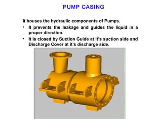 PUMP CASING

It houses the hydraulic components of Pumps.
• It prevents the leakage and guides the liquid in a
    proper direction.
• It is closed by Suction Guide at it’s suction side and
    Discharge Cover at it’s discharge side.
 