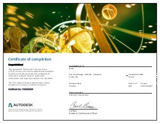 Certificate of completion
Carl Bass
President, Chief Executive Officer
Congratulations!
The Autodesk® Authorized Training Center
(ATC®) course you have completed was designed
to meet your learning needs with professional
instructors, relevant content, authorized
courseware, and ongoing evaluation by Autodesk.
The ATC network helps professionals achieve
excellence in using our software products.
Certificate No. 1100099225
MOHAMMED KOTB
Name
Eng. Ahmed Magdy - RVM1401 - Individuals
Course Title
Autodesk Revit MEP
Product
Mohamed Fawzy
Instructor
2014-01-30
Date
30 hours
Course Duration
Kemet Corporation
Authorized Training Center
Autodesk and ATC are registered trademarks of Autodesk, Inc. in the USA
and/or other countries. All other trade names, product names, or trademarks
belong to their respective holders. © 2009 Autodesk, Inc. All rights reserved.
 