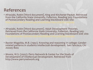 References
• Afrasiabi, Robin [Word document]. King and Kitchener Packet. Retrieved
from the California State University, Fullerton, Reading 505: Foundations
of Postsecondary Reading and Learning blackboard web site:
https://moodle.fullerton.edu/mod/folder/view.php?id=569365
• Afrasiabi, Robin [Word document]. Adult Development Theories.
Retrieved from the California State University, Fullerton, Reading 505:
Foundations of Postsecondary Reading and Learning blackboard web site:
https://moodle.fullerton.edu/mod/folder/view.php?id=569364
• Baxter-Magolda, M.B. (1992). Knowing and reasoning in college: Gender-
related patterns in students intellectual development. San Fancisco, CA:
Jossey-Bass
• Moore, W.S. (2003). Perry Network & Center for the Study of
Development of Intellectual Development. Retrieved from
http://www.perrynetwork.org
 